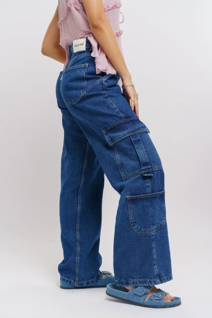 Dense Blue Side Pocket Women's Baggy Straight Cargo Jeans